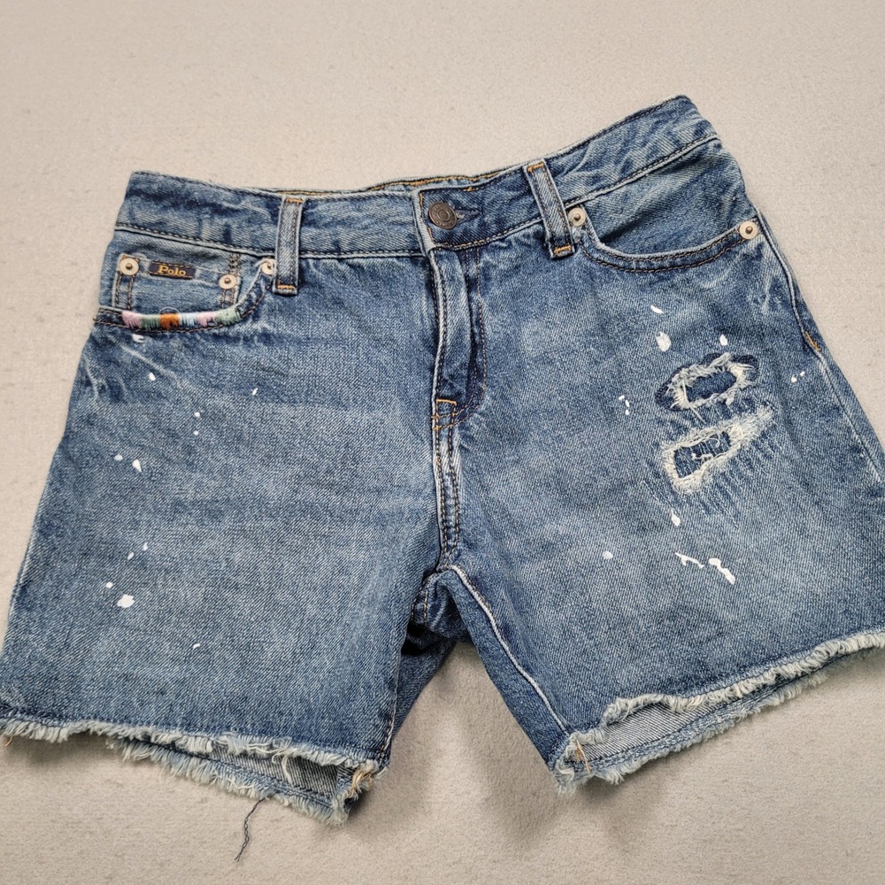 Polo Ralph Lauren Girls Distressed Paint Splatter Denim Jean Shorts Blue Size 12